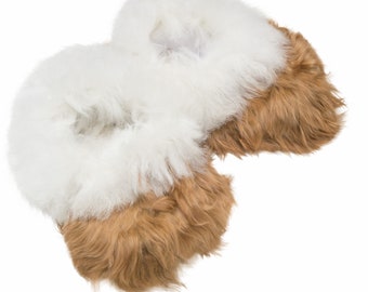 Adult's Brown Sheepskin, White Alpaca Fur Slippers, Unisex, Men's, Women's.