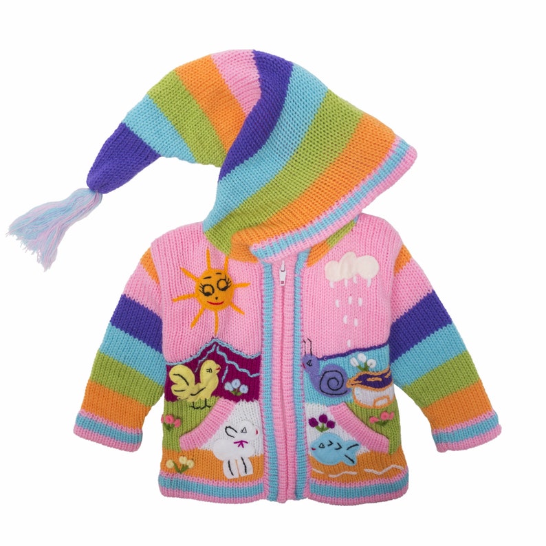 Baby Kids Hand Knitted Fair Trade Children/'s Cardigan with Pixie Hood Light Pink Rainbow