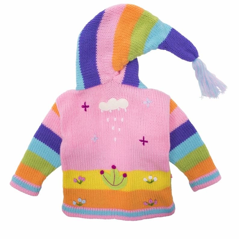 Baby Kids Hand Knitted Fair Trade Children/'s Cardigan with Pixie Hood Light Pink Rainbow