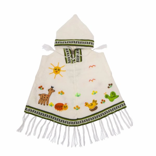 Weiß und Grüne Kinder Ponchos, Kinder Ponchos,Handgestrickt,Mit Kaputze.