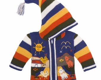 Dark Blue Rainbow Hand Knitted, Fair Trade Children's Cardigan with Pixie Hood, by INKITA.