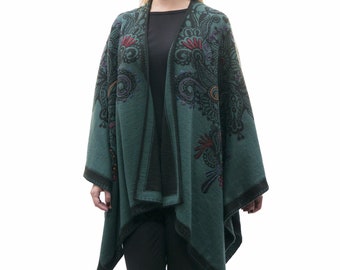 Green and Black Beautiful Reversible Handmade Women's Luxury Cape Shawl Poncho, Alpaca Wool