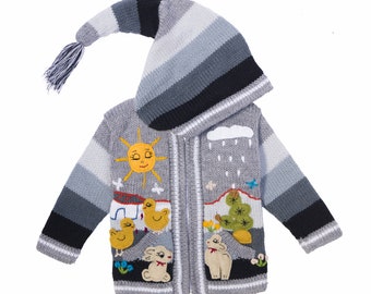 Children's Cardigan Light Grey, Hand Knitted,Pixie Hood.