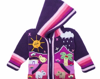 Dark Purple Hooded, Hand Knitted, Fair Trade Children's Cardigan, by INKITA.