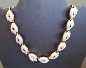 Coro Necklace, White Thermoset Leaves on Gold Backing, Signed, Mid-Century, 16-inch