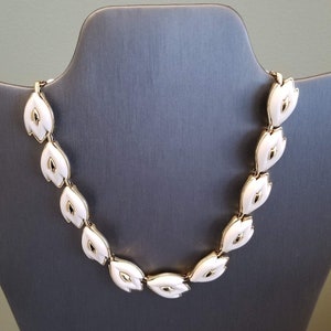 Coro Necklace, White Thermoset Leaves on Gold Backing, Signed, Mid-Century, 16-inch