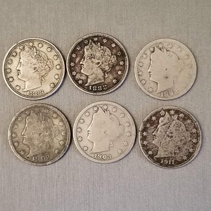 Lot of 6 Liberty V Nickels, 1883-1911, Philadelphia Mint