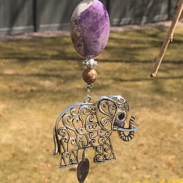 Elephant Crystal Suncatcher for Windows, Amethyst Natural Stones Rainbow Maker, Prism Suncatcher, Reiki Infused, Spiritual Gift Crystal