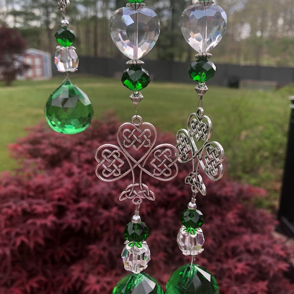 Celtic Shamrock Suncatcher for Windows, Rainbow Maker, Hanging, Prism, Reiki Infused Window Ornament, Emerald Green, Celtic Charm