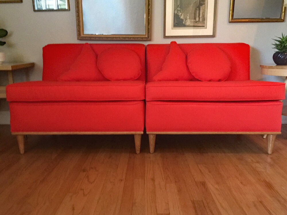 Mid Century Armless Sectional Sofa Reupolstered in Vibrant Orange Woven Mid Century Armless Sectional Sofa Reupolstered in Vibrant Orange Woven