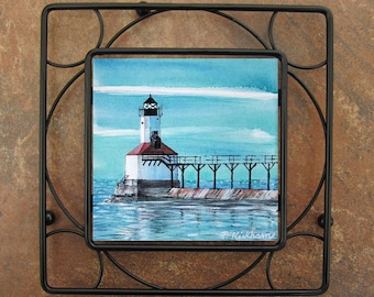 Lighthouse Ceramic Tile Trivet, Black Iron Frame, Beach House Decor