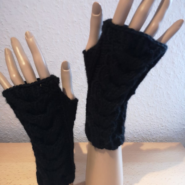 Fingerlose Handschuhe  mit Zopf  "Alpaka" - schwarz