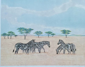 Vntg Signed Two Lithograph Prints Serengeti by Peter Wong - Free Shipping