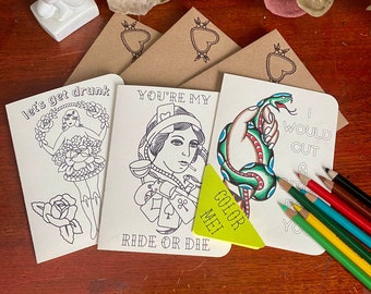 Color It Yourself Sassy Cards - Three Pack - Original American Traditional Tattoo Drawings - With Envelopes - Free Shipping - mature listing
