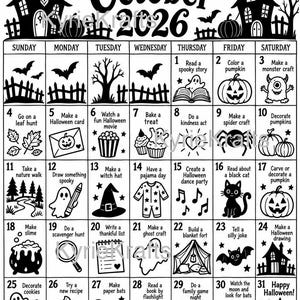 May include: A black and white October 2026 calendar featuring daily Halloween-themed activities. The header displays haunted houses, bats, and a witch on a broomstick. Each of the thirty-one squares contains a unique icon and a specific task.