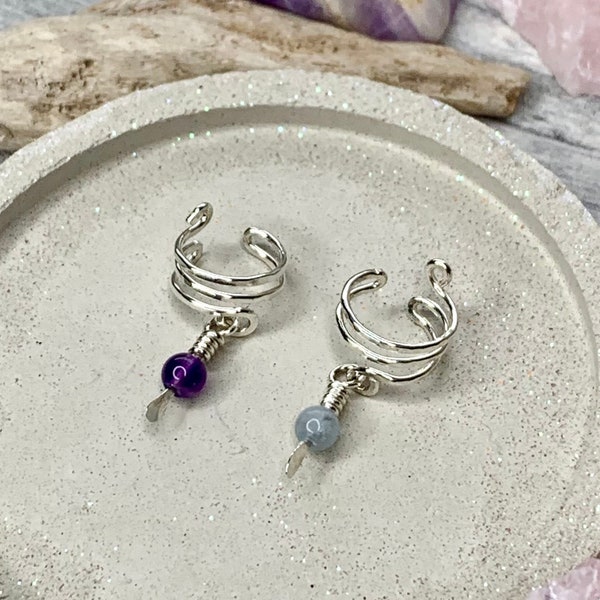 Sterling silver ear cuff no piercing dangle cuff, silver cartilage cuff non pierced, festival jewellery boho gemstone earrings. Conch cuff.