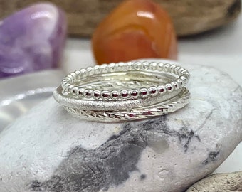 Sterling silver stacking rings, beaded frosted & diamond cut - statement rings stackers, single or set of three, boho style midi ring band