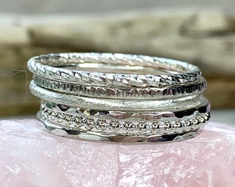 Silver stacking rings | Stackable rings 925 silver ultimate stacking rings set | 6 textured rings buy as set or singles in range of finishes