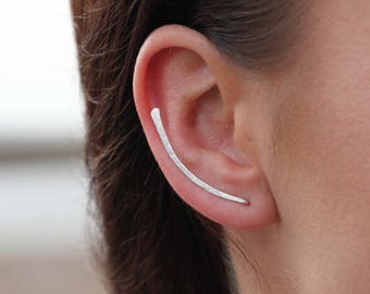 Oreilles grimpantes | Boucle d'oreille minimaliste en argent sur chenilles en argent, clous d'oreilles en argent Barre d'oreille en argent 925 - brassard d'oreille - boucles d'oreilles de mariée