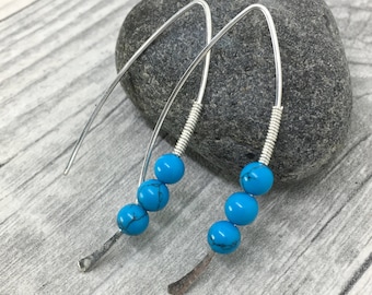 Turquoise earrings sterling silver hoop earrings, Threader earrings, wishbone threader earrings, December birthstone, gift for her.