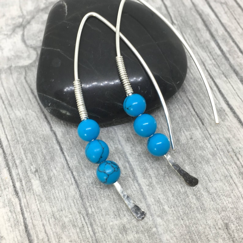 wishbone threader earrings silver hoop earrings gift for her turquoise earrings modern earrings Threader earrings December birthstone