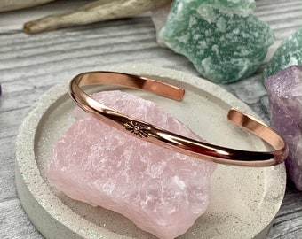 Copper cuff bangle, healing copper cuff bracelet, solid copper uncoated and hand forged. Hand stamped sunburst design. Healing jewellery