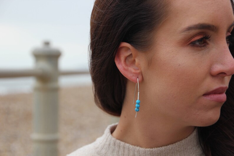 wishbone threader earrings silver hoop earrings gift for her turquoise earrings modern earrings Threader earrings December birthstone
