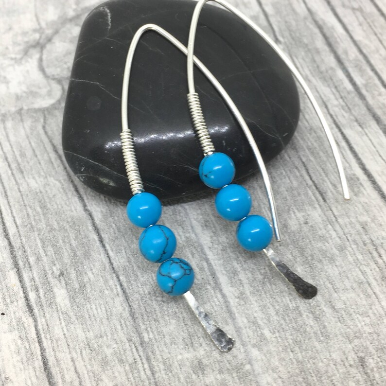 wishbone threader earrings silver hoop earrings gift for her turquoise earrings modern earrings Threader earrings December birthstone