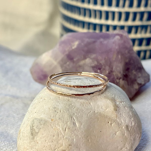 Rose gold stacking ring set. Dainty solid gold ring stackers, single or set of two. Hammered gold rings, Mother’s Day jewellery.