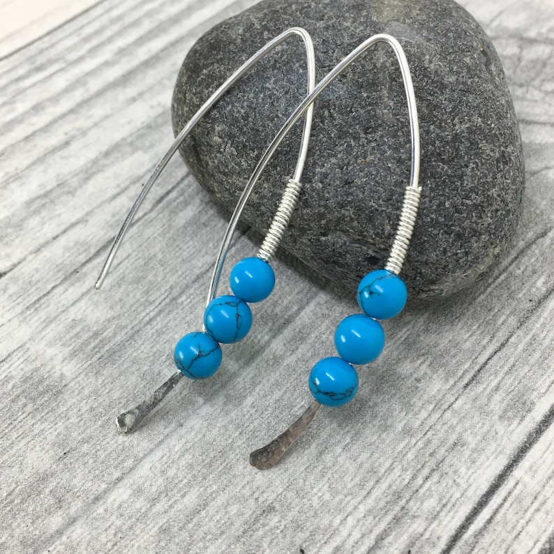 wishbone threader earrings silver hoop earrings gift for her turquoise earrings modern earrings Threader earrings December birthstone