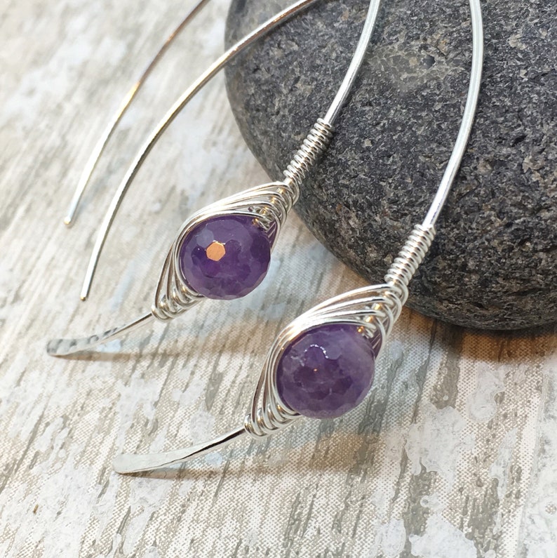 Threader Earrings Silver Amethyst Earrings Hoop Earrings Etsy UK