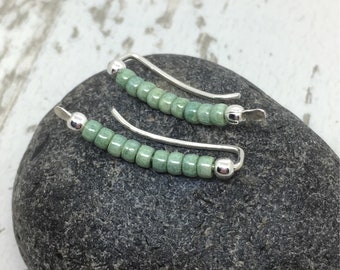 Ear climber silver ear bar beaded | Long ear climbers green ear earrings boho silver earrings, ear stud crawler up the ear cuffs