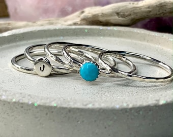 Personalised stacking ring set, initial ring & gemstone stacker + 3 sterling silver stackable rings, turquoise and more gemstones available.