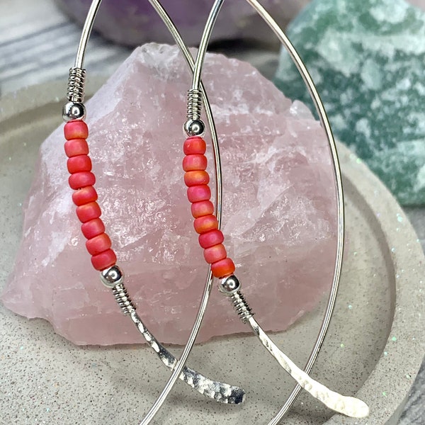 Beaded sterling silver threader earrings wishbone threaders. Coral thread through beaded hoops. Minimalist summer jewellery. Cool earrings.