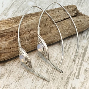Threader earrings silver opalite moonstone earrings hoop earrings wishbone modern dangle earrings, cool earrings, sterling silver hoops.