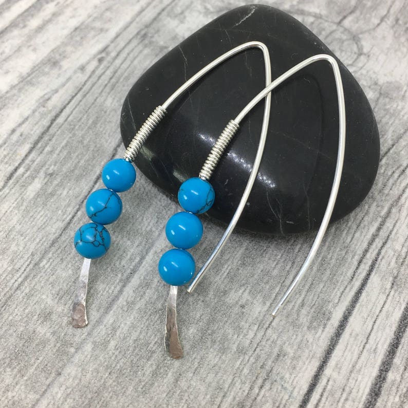 wishbone threader earrings silver hoop earrings gift for her turquoise earrings modern earrings Threader earrings December birthstone