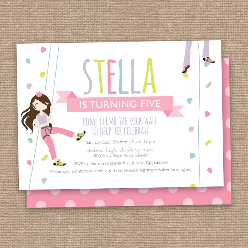 Climbing Girl Birthday Invitation, DIY Printable, Pink Pokadots, Eleventh Birthday Invitation, Climbing wall, Climbing party, rock wall image 1