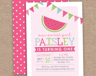 Watermelon, DIY Printable, picnic 2nd Birthday Invitation, Our sweet girl, Pink Green Pokadots, turning one, with address and card backing