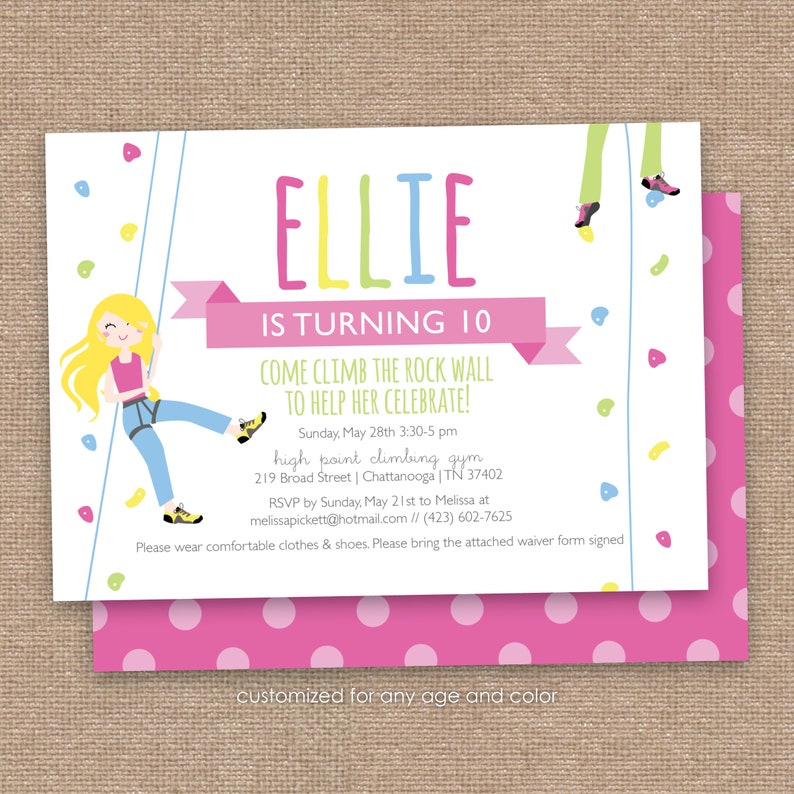 Climbing Girl Birthday Invitation, DIY Printable, Pink Pokadots, Eleventh Birthday Invitation, Climbing wall, Climbing party, rock wall image 2