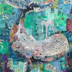 May include: A colorful abstract painting of a whale with a blue, green, and white background. The whale is made up of different patterns and textures, including fish, seashells, and other marine life.