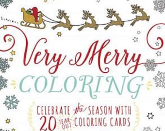 May include: A coloring book with the title "Very Merry Coloring" and the text "Celebrate the season with 20 tear-out coloring cards". The cover features a winter scene with houses, trees, and reindeer.