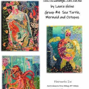 Peut inclure: Un ensemble de motifs de collage représentant une sirène dans une bouteille, une tortue de mer et un poulpe. Les motifs sont faits de morceaux de tissu colorés et sont parfaits pour le quilting ou d'autres projets d'artisanat.