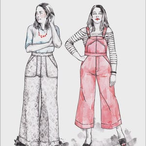 Op de afbeelding: Een naaipatroonhoes met de titel JENNY No. 14 OVERALLS & TROUSERS van Closet Core Patterns. De illustratie toont twee figuren: één met een broek met wijde pijpen en een patroon en een top, de andere in een roze tuinbroek over een gestreept shirt.