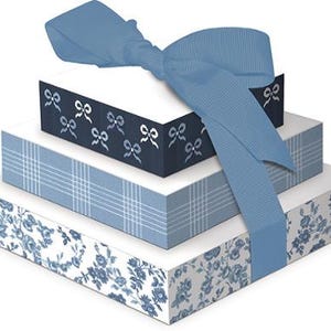 May include: Three-tiered gift boxes with blue and white patterns, topped with a large blue bow. The boxes feature floral, plaid, and bow designs. A blue ribbon cascades down the side, creating a cohesive and elegant presentation.