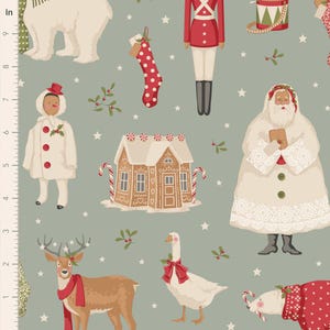 May include: A repeating pattern featuring Christmas-themed illustrations on a muted green background. The design includes a gingerbread house, Santa Claus, a toy soldier, a reindeer, a goose, a polar bear, a snowman, and a Christmas stocking. The pattern also includes stars and sprigs of holly.