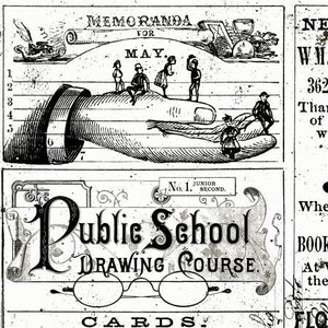 Op de afbeelding: Zwart-witte illustratie van een hand die een tekenkaart vasthoudt. De kaart heeft de tekst "The Public School Drawing Course" en "Cards" erop gedrukt. De illustratie is afkomstig uit een oud boek.