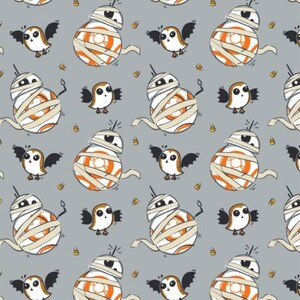 May include: A repeating pattern featuring a white and orange droid wrapped in bandages, a Halloween costume, and a small bird with bat wings. The background is a light gray color.