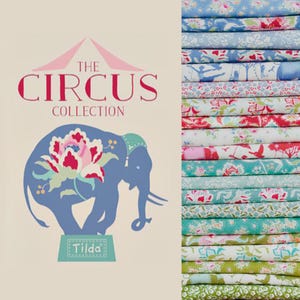 May include: A stack of patterned fabric bolts in various colors, including blue, red, and green, next to a graphic featuring a blue elephant with floral accents. The text reads "The Circus Collection" and "Tilda".