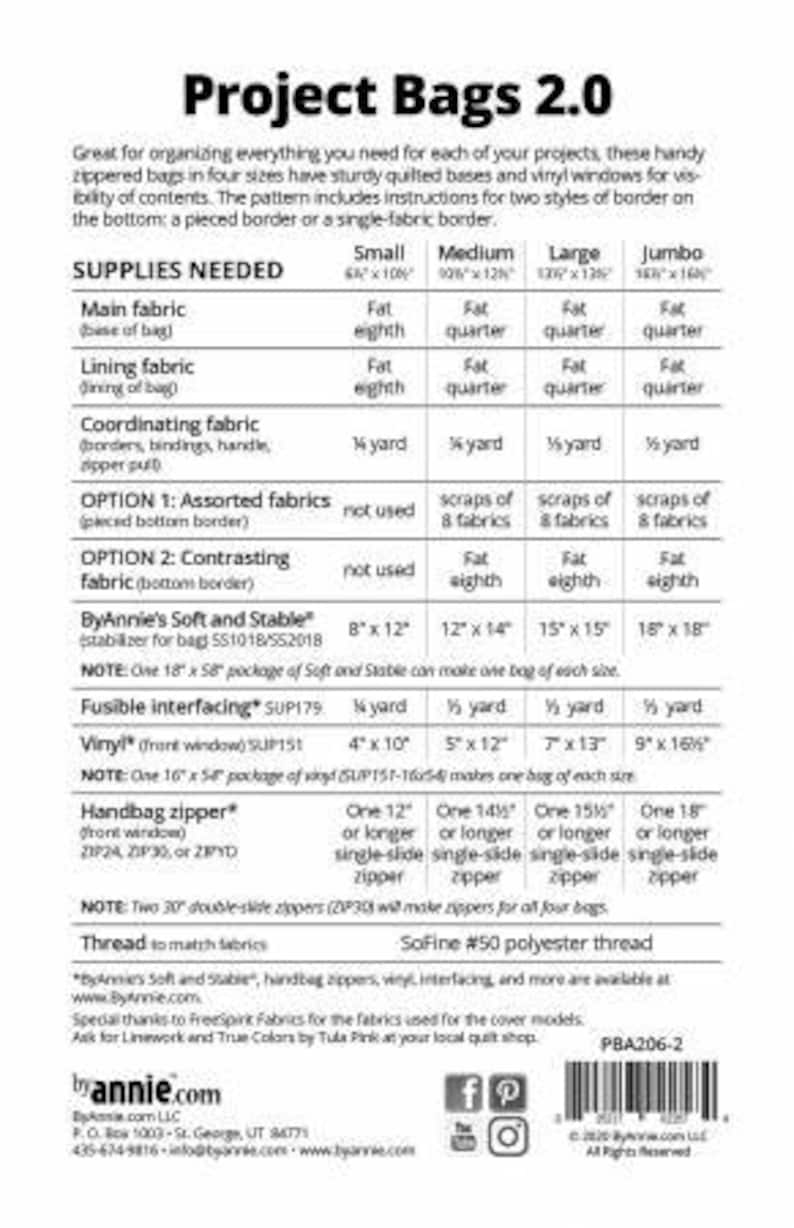 May include: Project Bags 2.0 sewing pattern with instructions for making four sizes of zippered bags: small, medium, large, and jumbo. The pattern includes instructions for two styles of border: a pieced border or a single-fabric border. The pattern also includes a list of supplies needed, including fabric, interfacing, zipper, and thread.