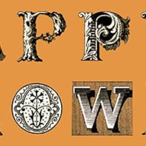 Puede incluir: Un estampado gráfico naranja con el texto HAPPY HALLOWEEN en tipografía decorativa y ornamentada en blanco y negro. Las letras incorporan patrones intrincados, texturas de árboles y pequeñas ilustraciones, incluyendo una vela y una figura con vestido.